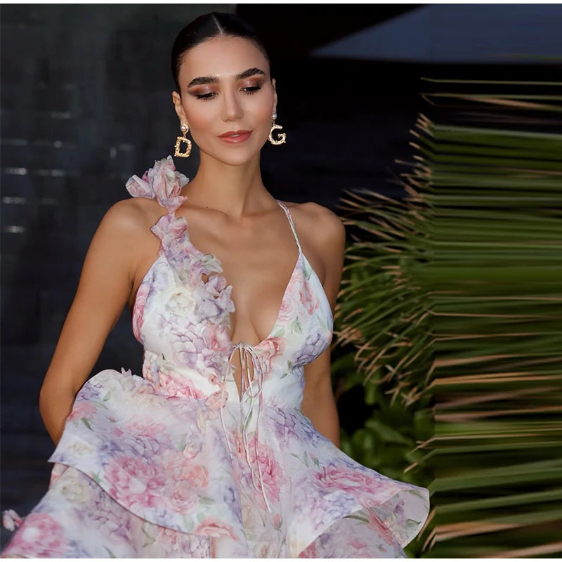 Elegant Floral Backless Party Mini Dress – Lace-Up Ruffle A-line Sling Dress for Women