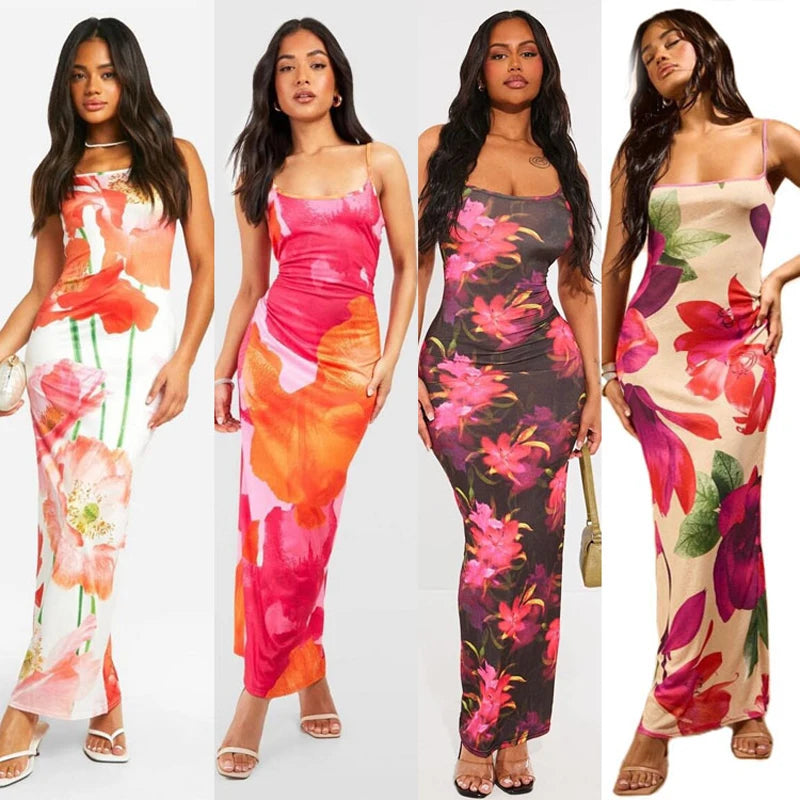 Women’s Y2K Fairy Floral Maxi Slip Dress – Summer Spaghetti Strap Slim Fit