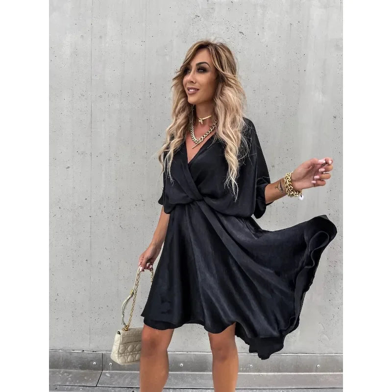 Elegant V-Neck Satin Commuter Dress – Short Sleeve, Knee-Length Summer Look