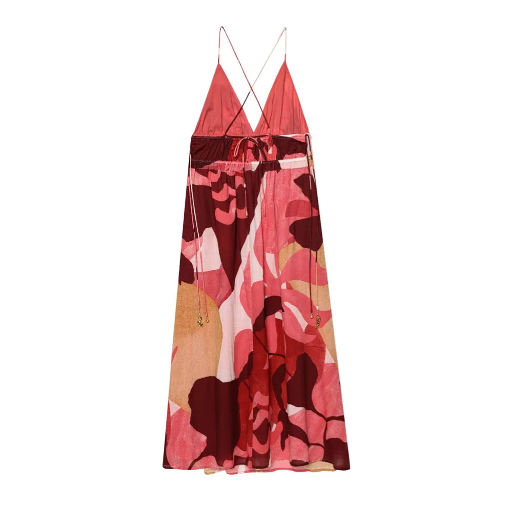 ZARF Women's Printed V-neck Sleeveless Sexy Backless Vacation Beach Dress Spring/Summer