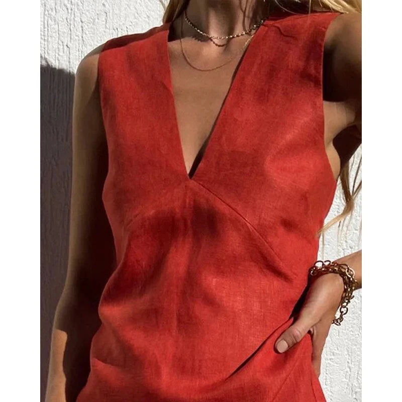 Linen V-Neck Summer Dress – Knee-Length, Beach Style | Sean Tsing
