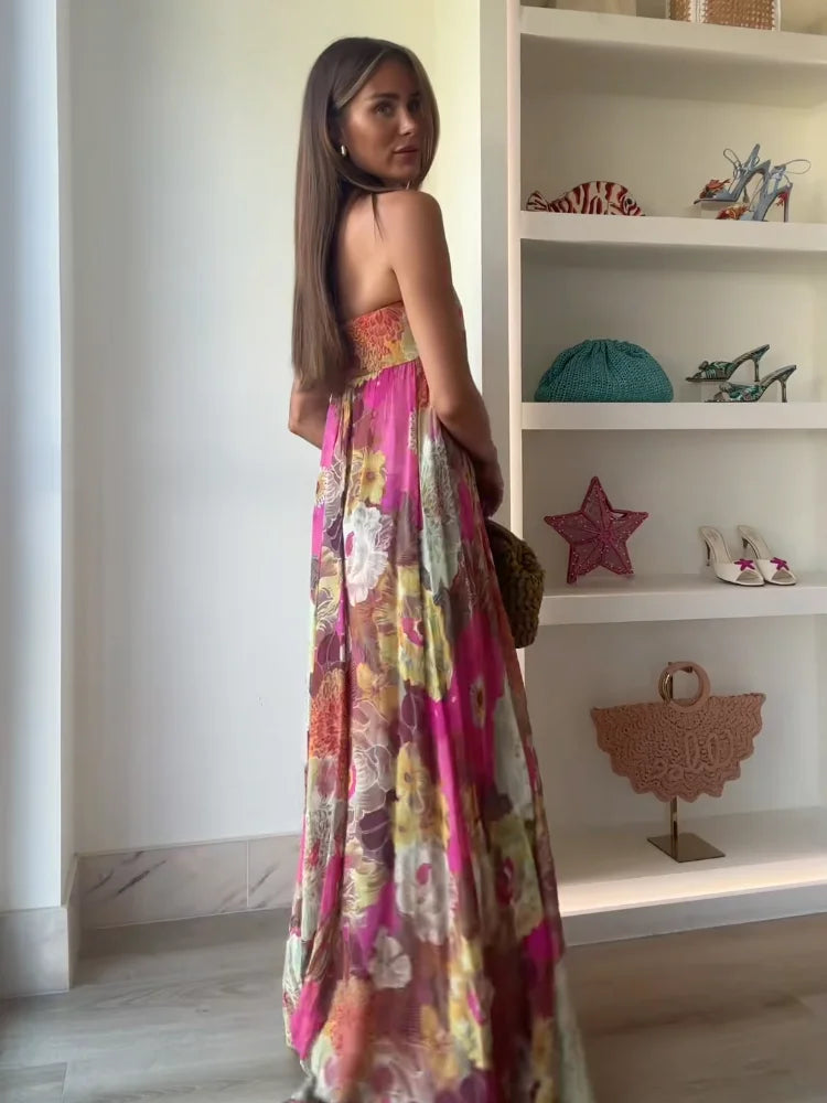 Bassonmy Retro Print Strapless Maxi Dress – Off Shoulder Sleeveless Summer Dress