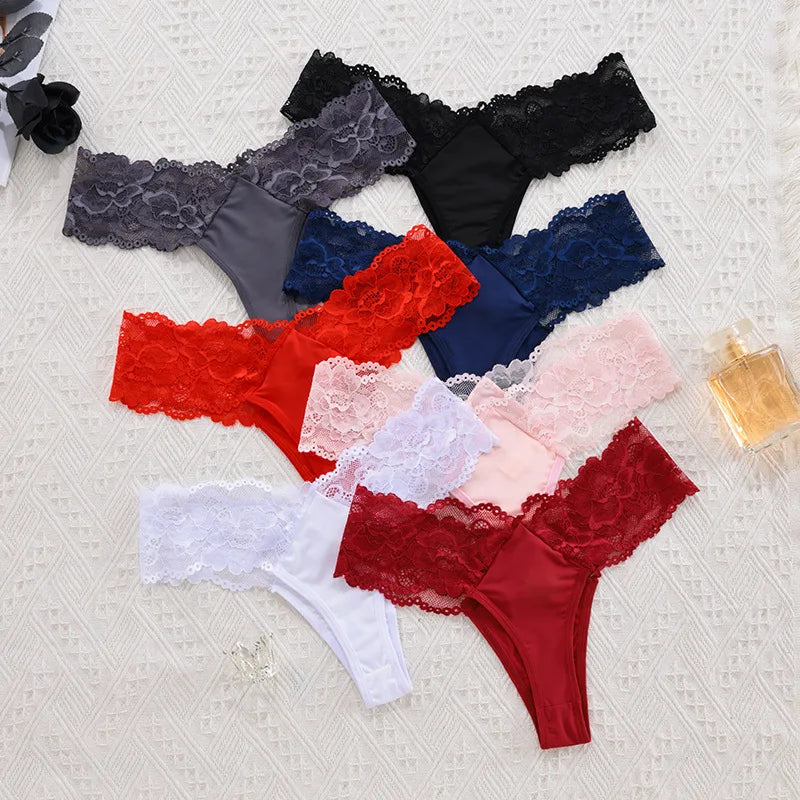 Sheer Lace Mid-Rise Women's Thong Panties - Nylon Knit Underwear, Lingerie Intimates for Ladies | Comfortable Hollow Design
