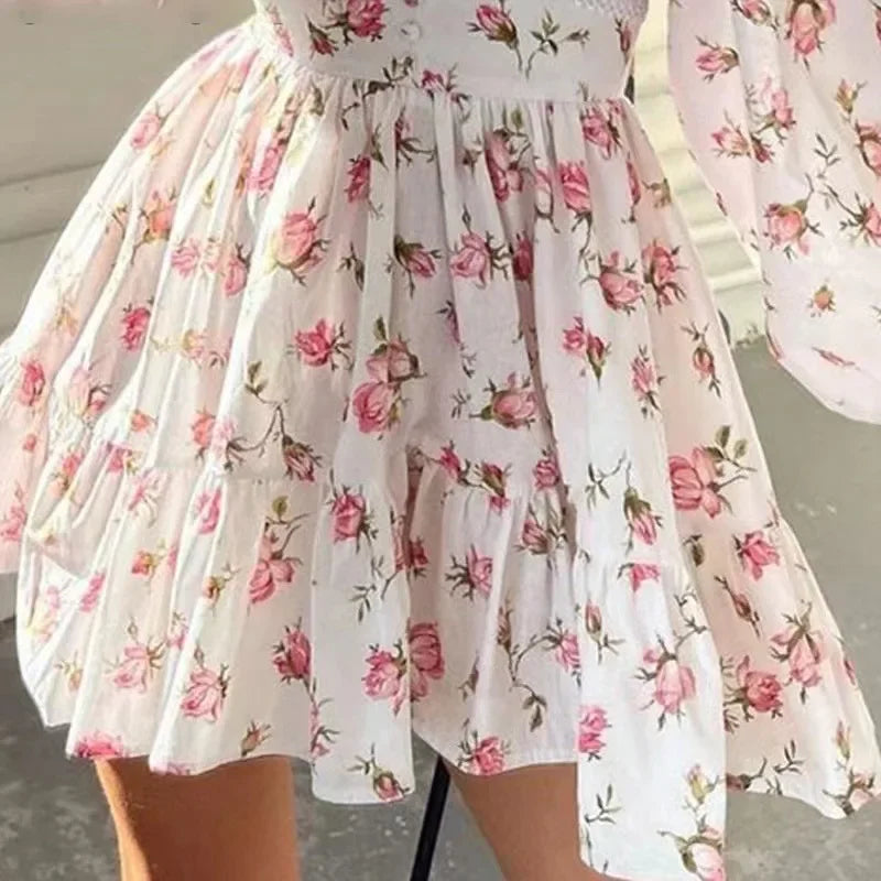 Floral Print V-Neck Mini Dress – Long Sleeve, High Waist A-Line | MODIVA
