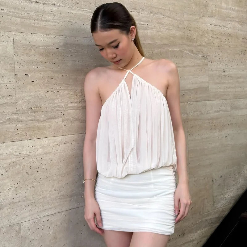 Sexy Halter Backless Mini Dress – Elegant Ruched Sleeveless Party Dress for Women