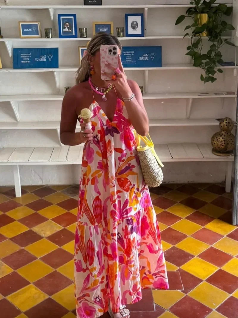 Holiday Vintage Beach Dress – Printed Tie-Up Waist Slim Dress for Women, Backless Sleeveless Summer Fashion