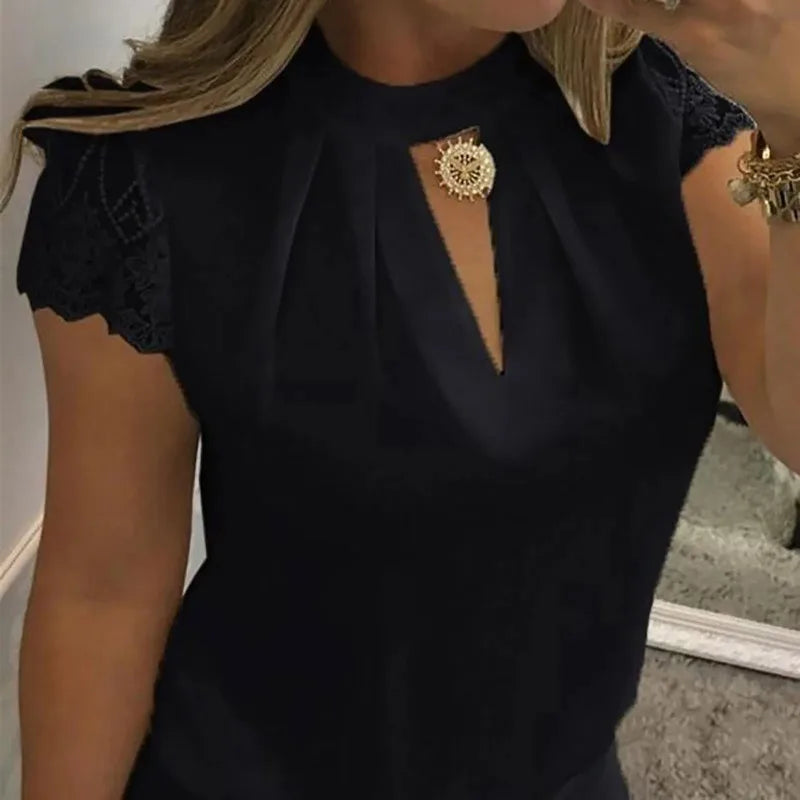 Elegant Lace V-Neck Blouse – Short Sleeve Summer Shirt for Women