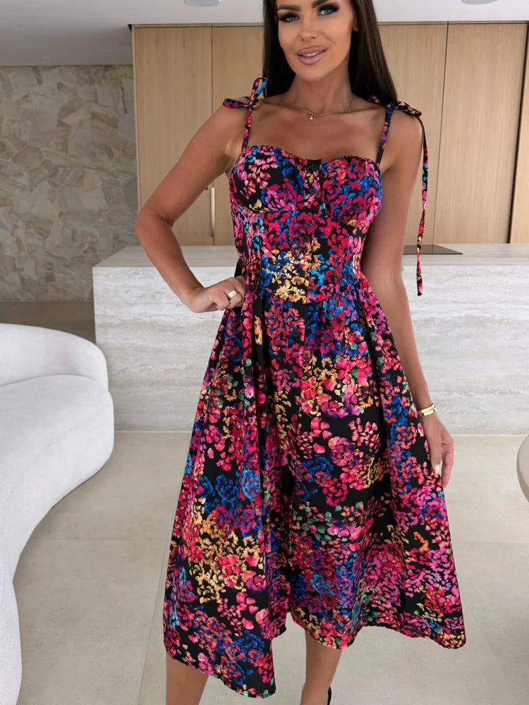 New Fashion Sexy Printing Sling Dress for Women Summer Evening Party Dresses Club Floral Holiday Beach Dress Robe