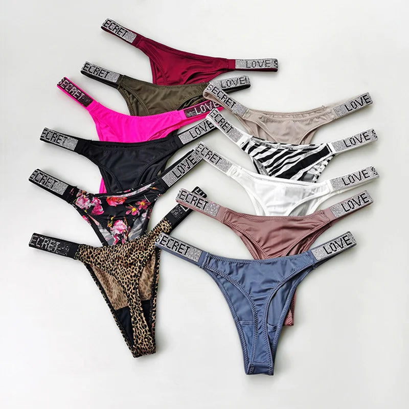 ZQTWT 5-Pack Rhinestone Letter Thongs – Sexy Low Waist G-String Panties for Women