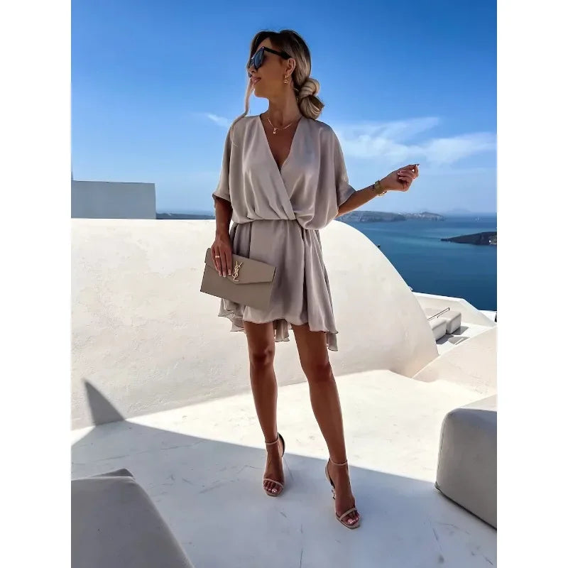 Elegant V-Neck Satin Commuter Dress – Short Sleeve, Knee-Length Summer Look