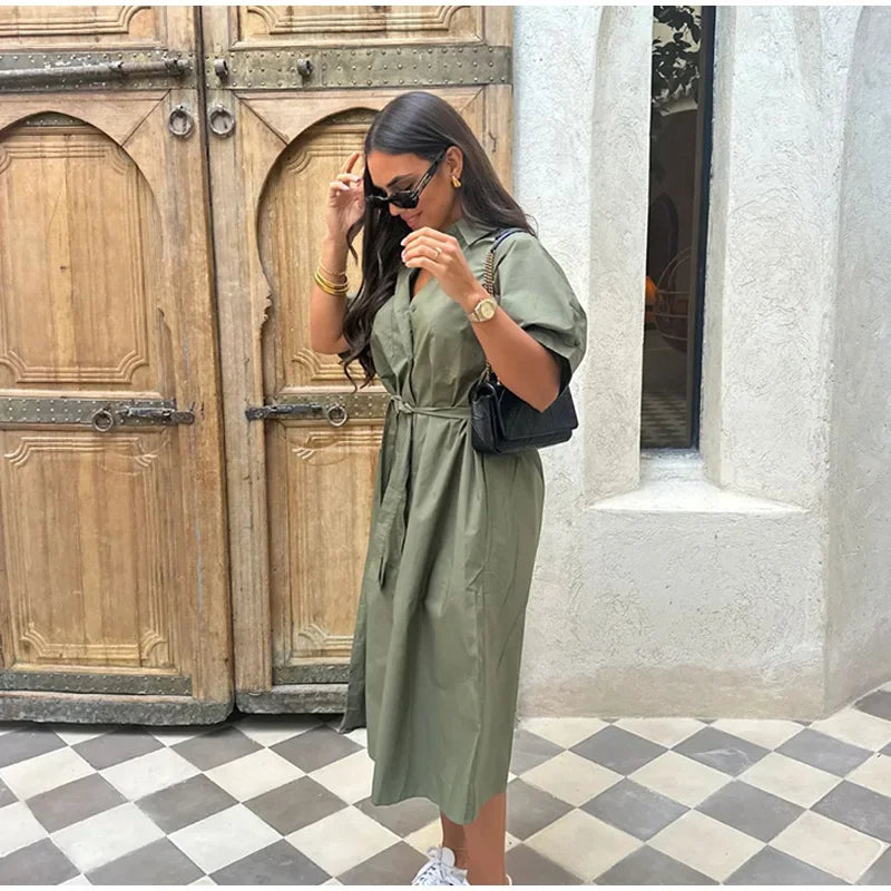 Lace-Up Buttoned Casual Dress – Short Sleeve, Turn-Down Collar | MODIVA