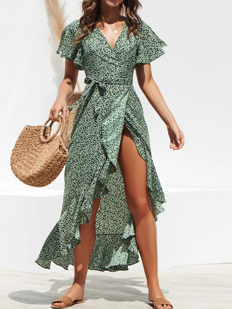 Boho Floral Chiffon Maxi Dress – Ruffled Wrap Beachwear | Dozw