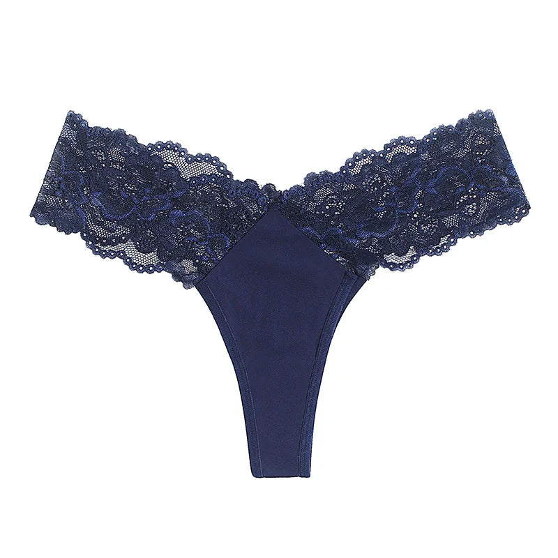 Sheer Lace Mid-Rise Women's Thong Panties - Nylon Knit Underwear, Lingerie Intimates for Ladies | Comfortable Hollow Design