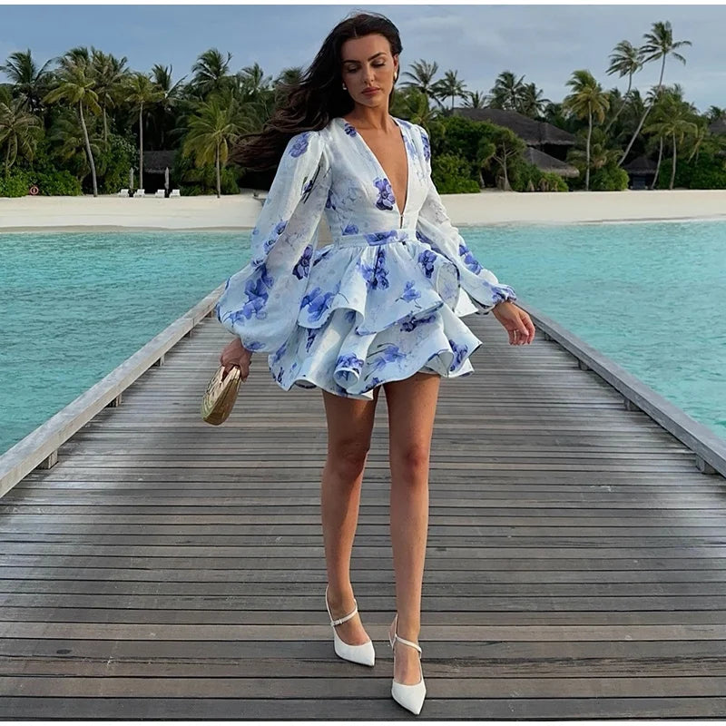 Elegant Floral Backless Party Mini Dress – Lace-Up Ruffle A-line Sling Dress for Women