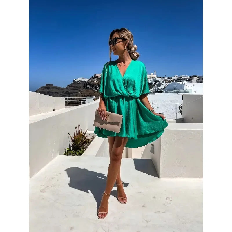 Elegant V-Neck Satin Commuter Dress – Short Sleeve, Knee-Length Summer Look