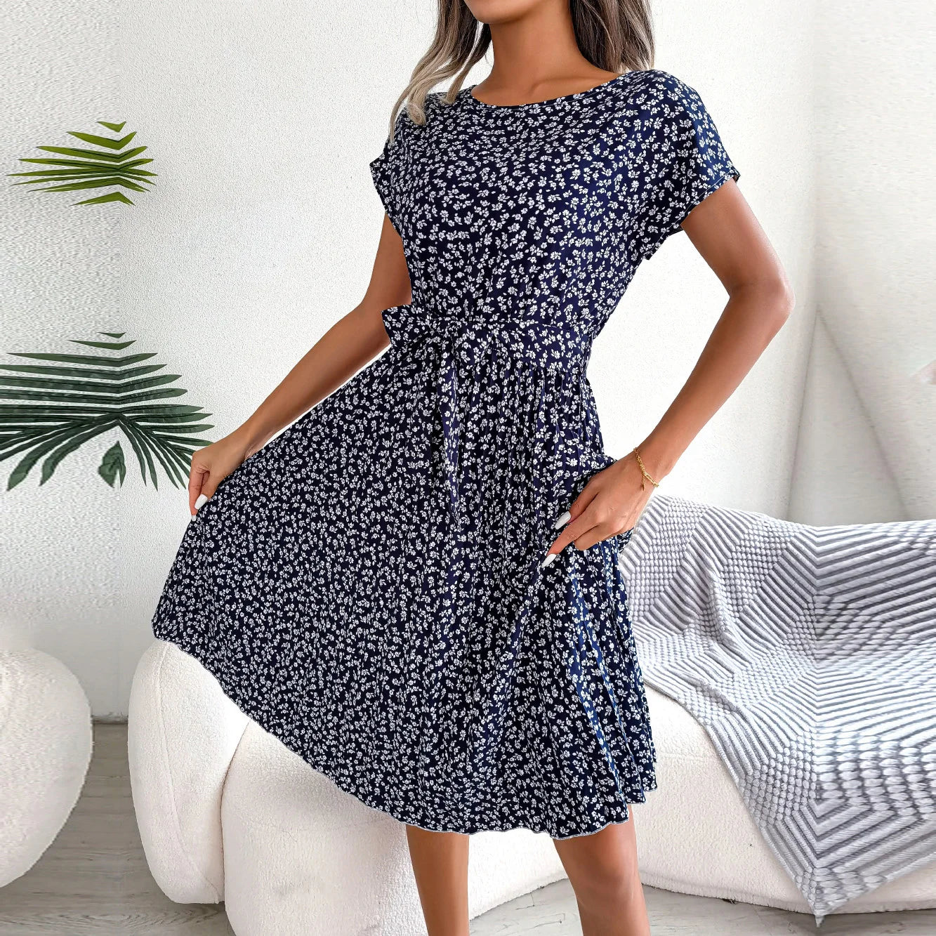 Floral Pleated Chic Summer Dress – High Waist, Short Sleeve, A-Line Knee-Length Dress for Women