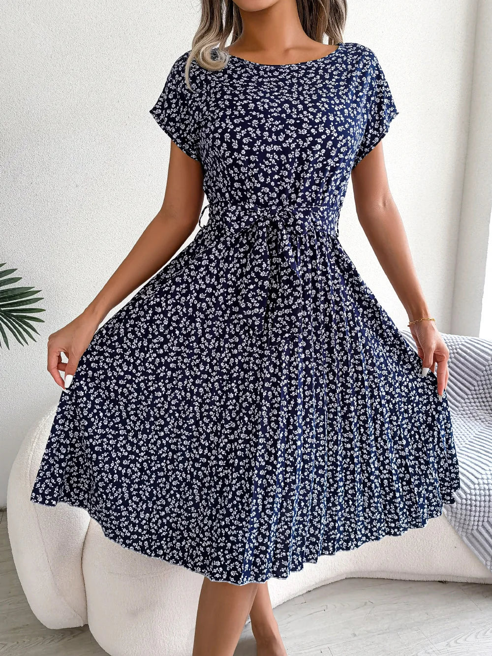 Floral Pleated Chic Summer Dress – High Waist, Short Sleeve, A-Line Knee-Length Dress for Women