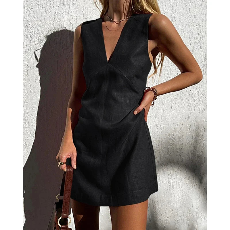 Linen V-Neck Summer Dress – Knee-Length, Beach Style | Sean Tsing
