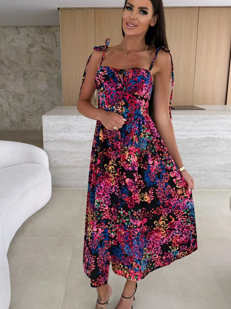 New Fashion Sexy Printing Sling Dress for Women Summer Evening Party Dresses Club Floral Holiday Beach Dress Robe