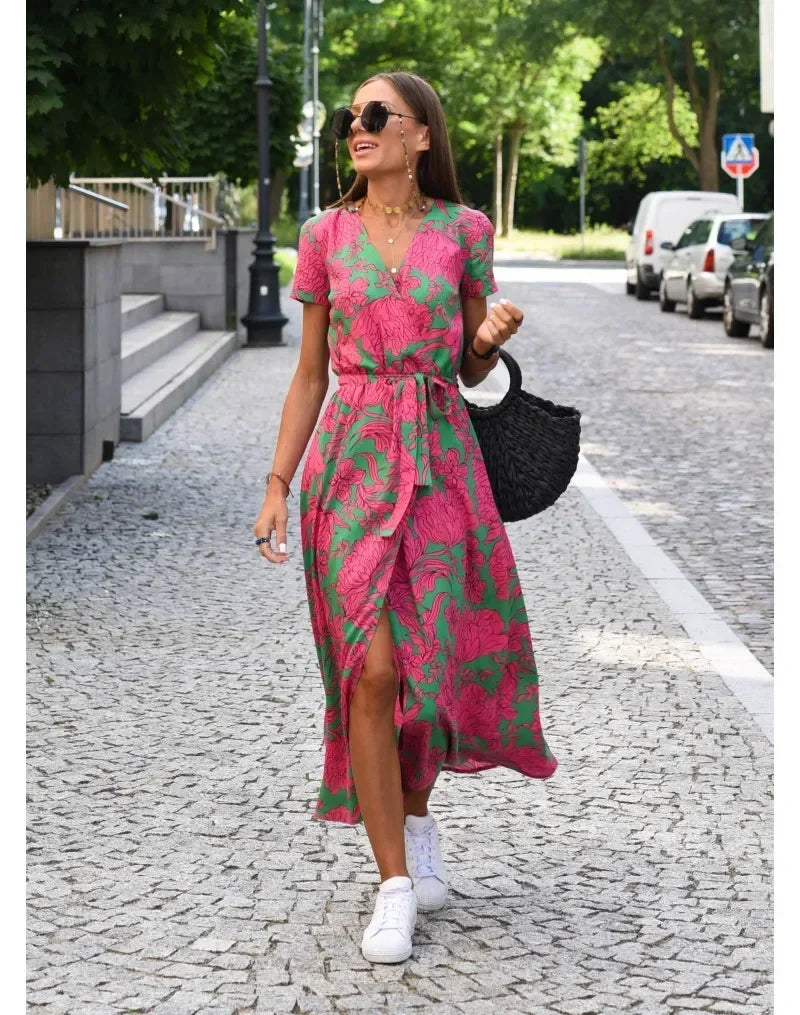 Floral V-Neck Summer Midi Dress – Split Hem Vacation Style | MODIVA