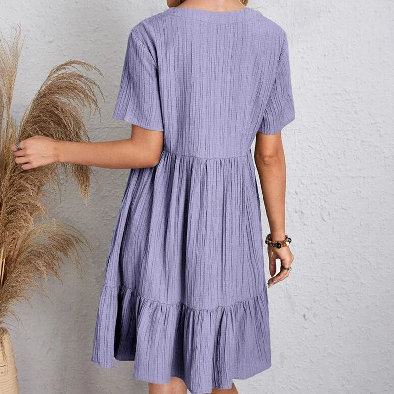 2025 Loose V-neck Pleated Bohemian Dress – Summer A-line Beach Dress for Women