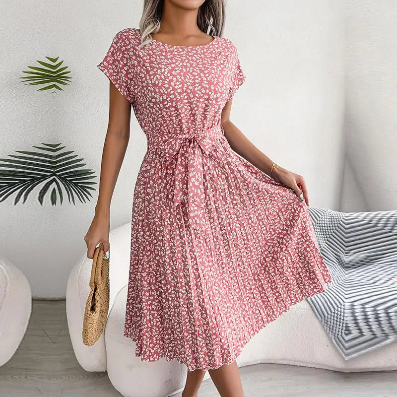 Floral Pleated Chic Summer Dress – High Waist, Short Sleeve, A-Line Knee-Length Dress for Women