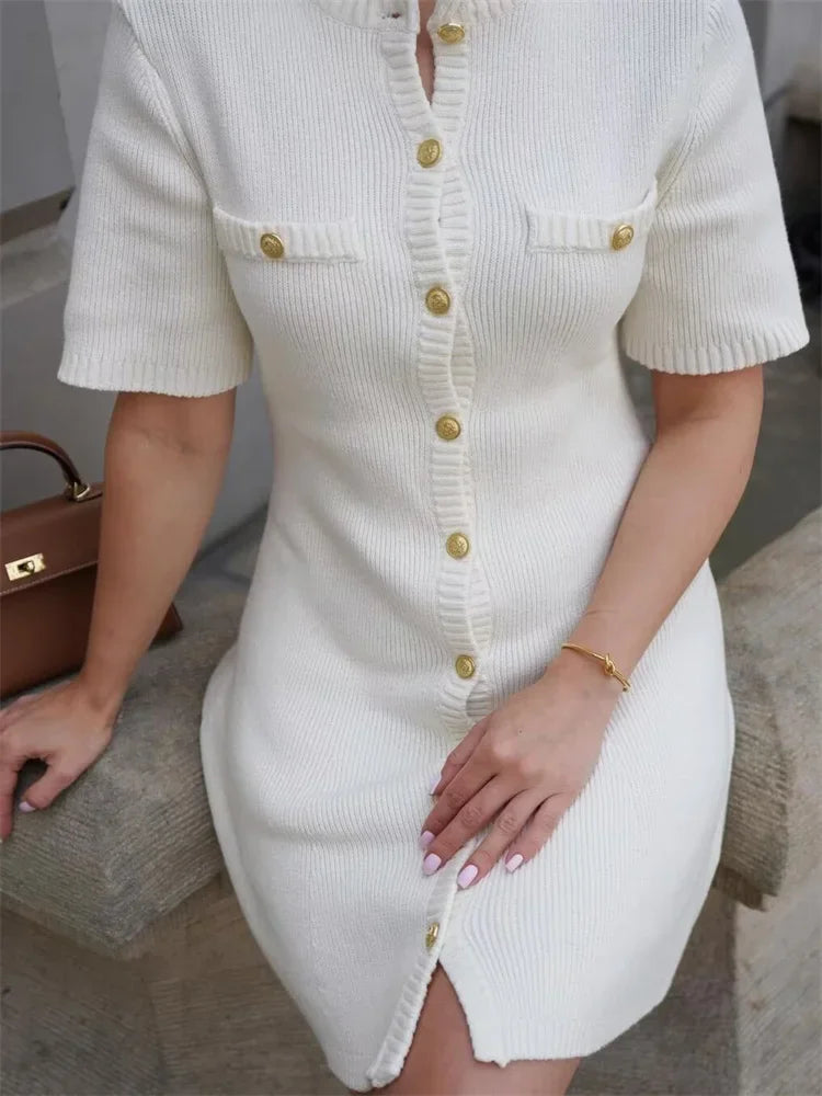 White Knit Button Mini Dress – Short Sleeve, Patchwork Pockets | MODIVA