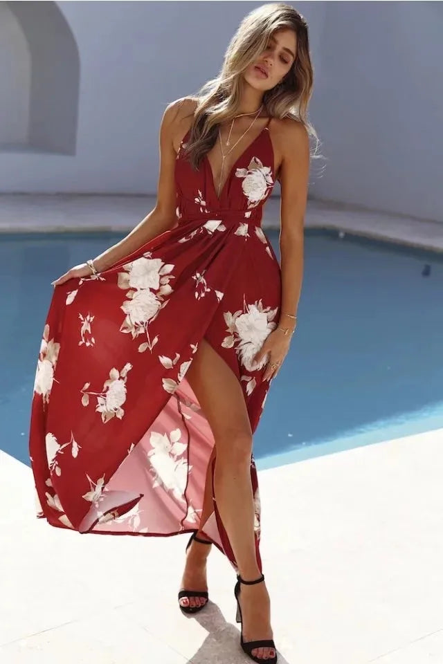 Sexy Women Boho Maxi Club Red Dress – Elegant Deep V-Neck Bandage Infinity Gown