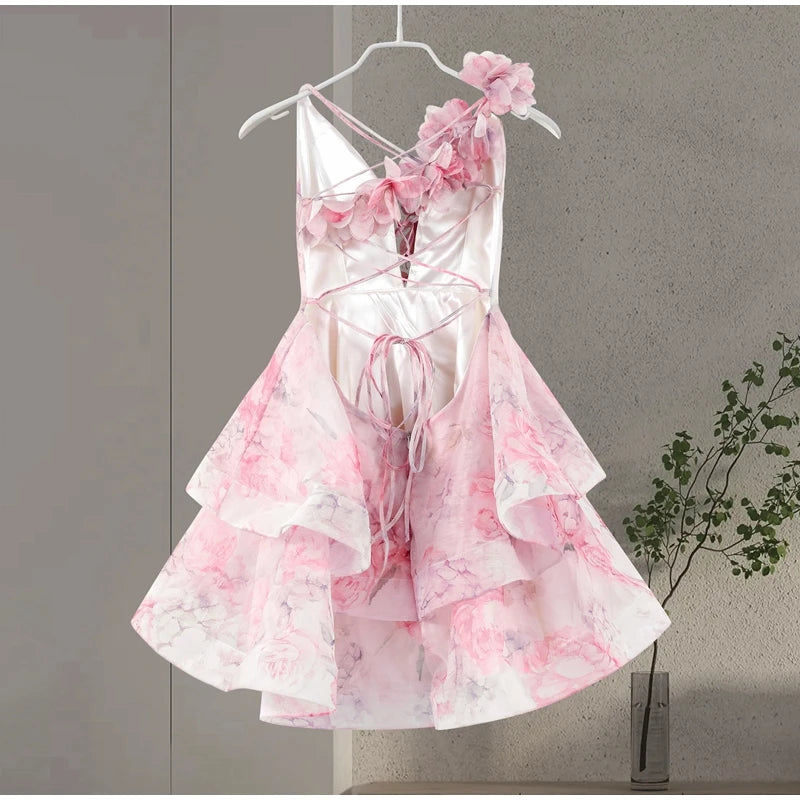 Elegant Floral Backless Party Mini Dress – Lace-Up Ruffle A-line Sling Dress for Women