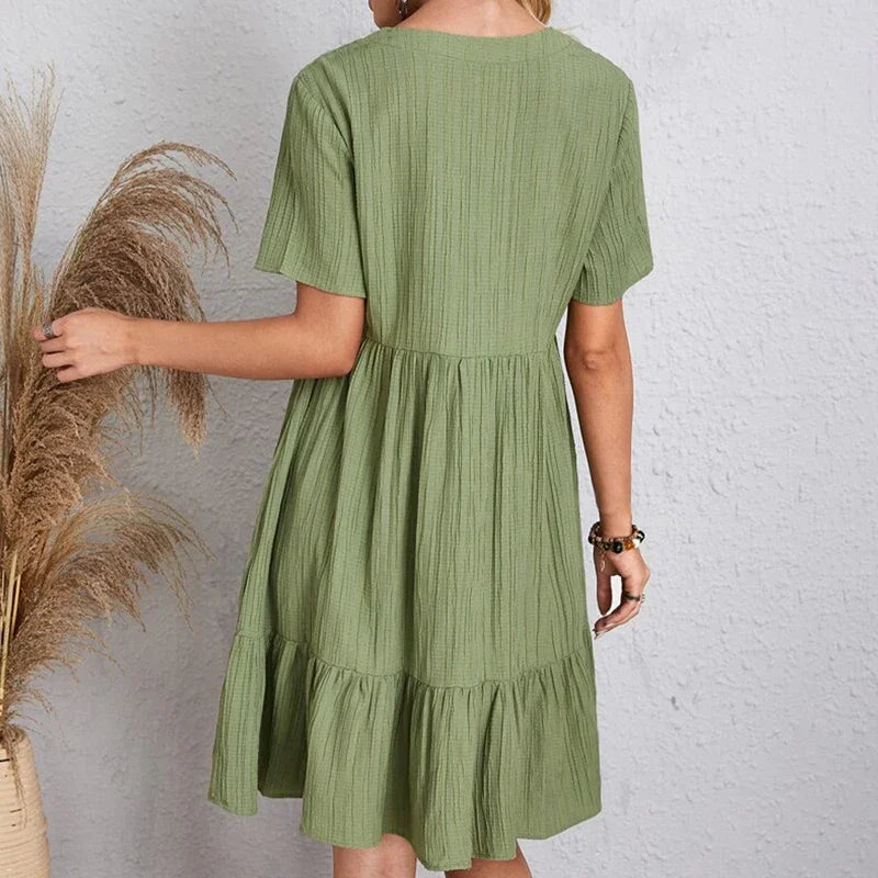 2025 Loose V-neck Pleated Bohemian Dress – Summer A-line Beach Dress for Women