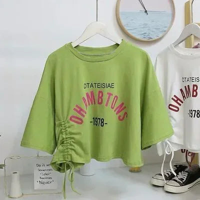 Fashionable Printed Drawstring Short Sleeve Crop Top – Women's Casual Summer T-Shirt