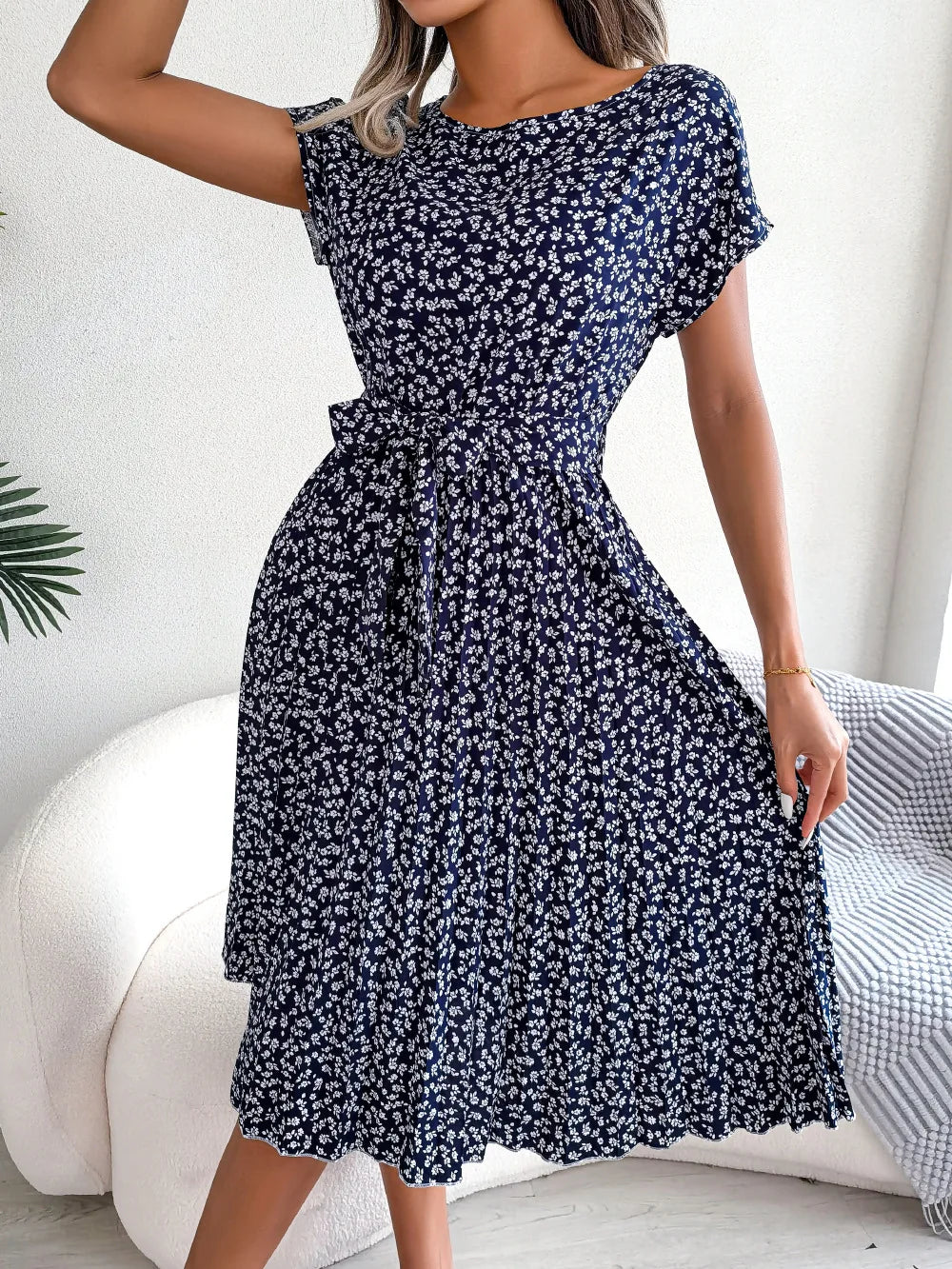 Floral Pleated Chic Summer Dress – High Waist, Short Sleeve, A-Line Knee-Length Dress for Women