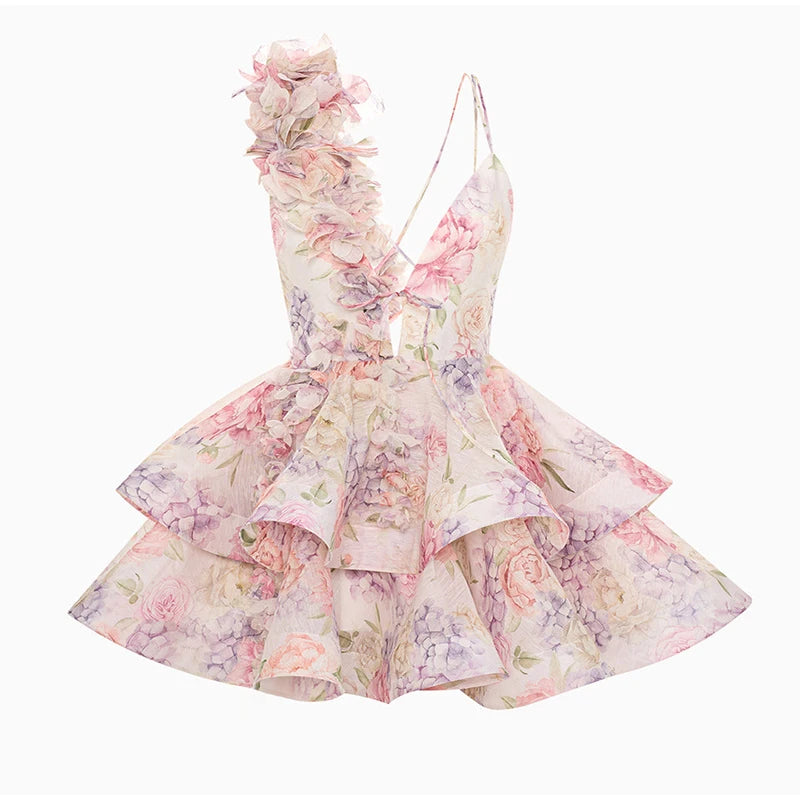 Elegant Floral Backless Party Mini Dress – Lace-Up Ruffle A-line Sling Dress for Women