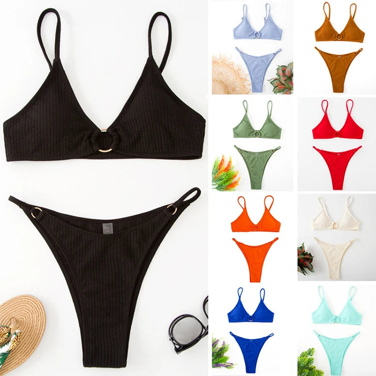 Simple Style Padded Bra Thong Swimsuit – 2025 Summer Collection