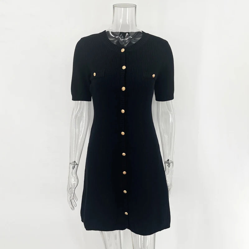 White Ribbed Knit Mini Dress – Slim Fit, Metal Buttons, Short Sleeve | MODIVA