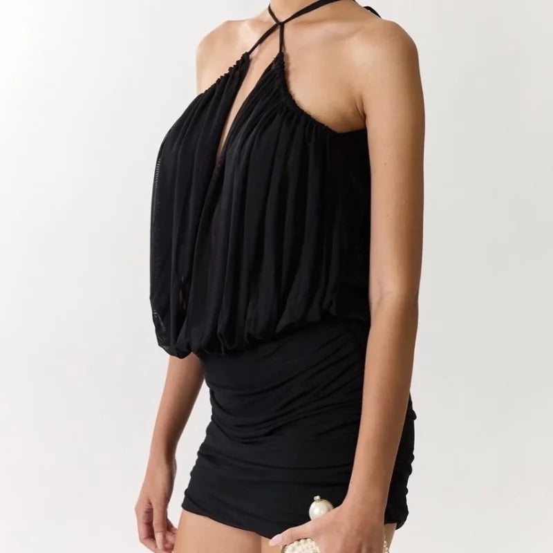 Sexy Halter Backless Mini Dress – Elegant Ruched Sleeveless Party Dress for Women