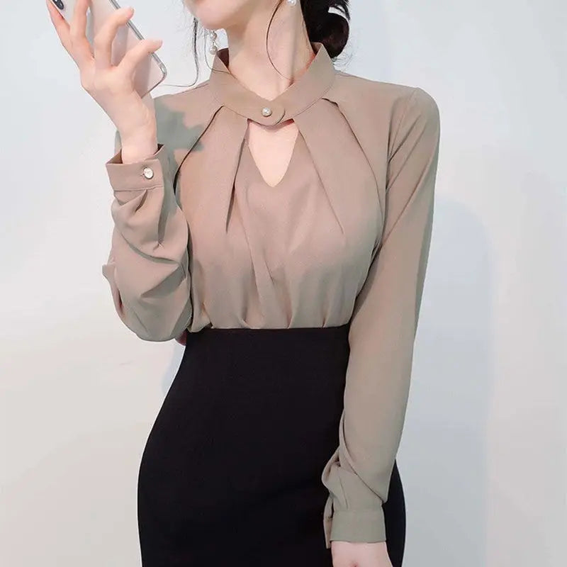 Women’s Slim Chiffon Blouse – Long Sleeve High Collar Office Shirt