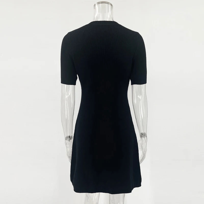 White Ribbed Knit Mini Dress – Slim Fit, Metal Buttons, Short Sleeve | MODIVA