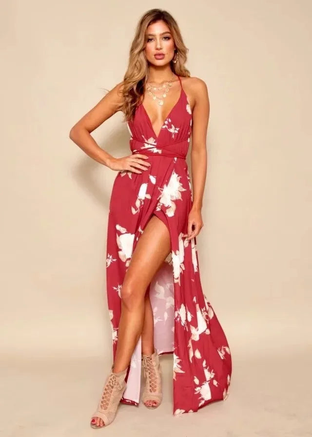Sexy Women Boho Maxi Club Red Dress – Elegant Deep V-Neck Bandage Infinity Gown