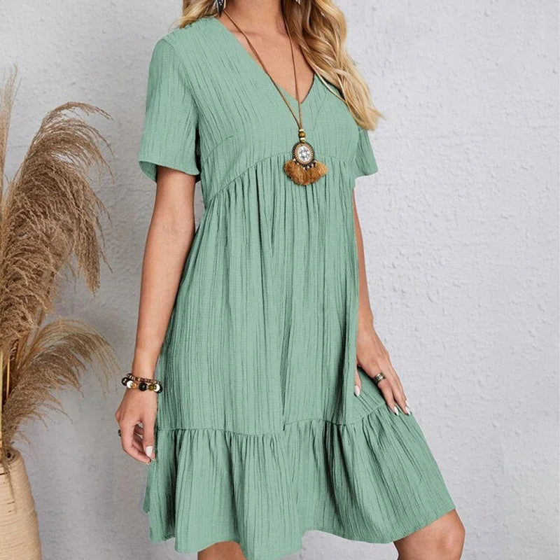 2025 Loose V-neck Pleated Bohemian Dress – Summer A-line Beach Dress for Women