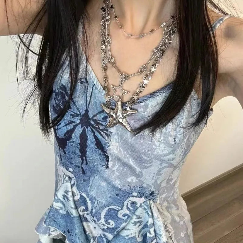 Asymmetrical Tie Dye Tank Top – Qarkash Blue Camis for Women | Niche Summer Streetwear