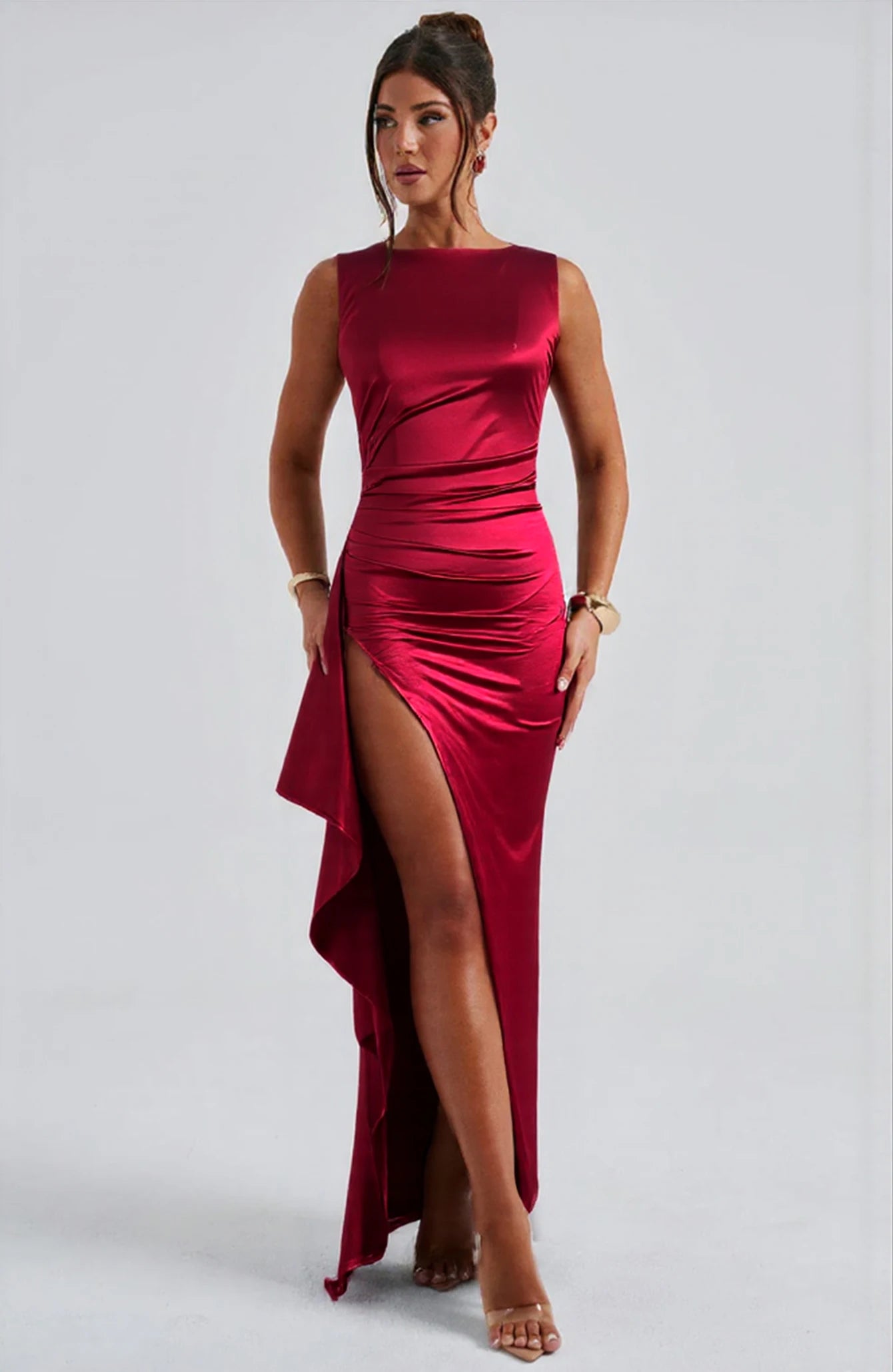 Sexy Sleeveless Round Neck Slit Long Elegant Backless Slim-Fitting Woven Dress – Nightclub & Evening Gown