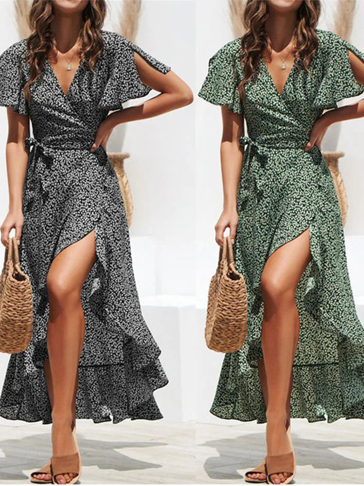 Boho Floral Chiffon Maxi Dress – Ruffled Wrap Beachwear | Dozw
