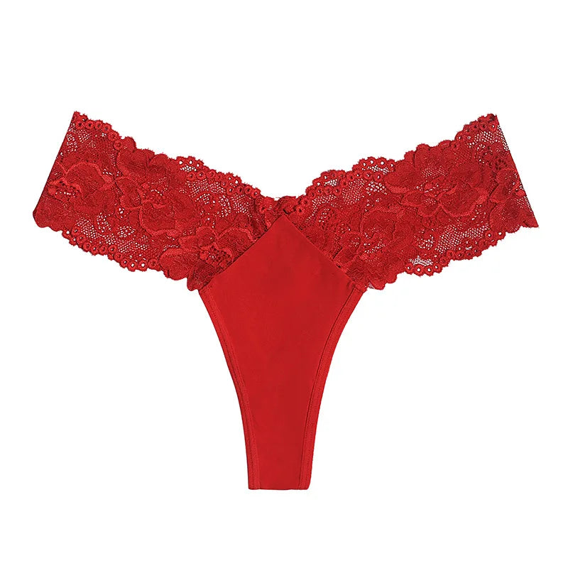 Sheer Lace Mid-Rise Women's Thong Panties - Nylon Knit Underwear, Lingerie Intimates for Ladies | Comfortable Hollow Design