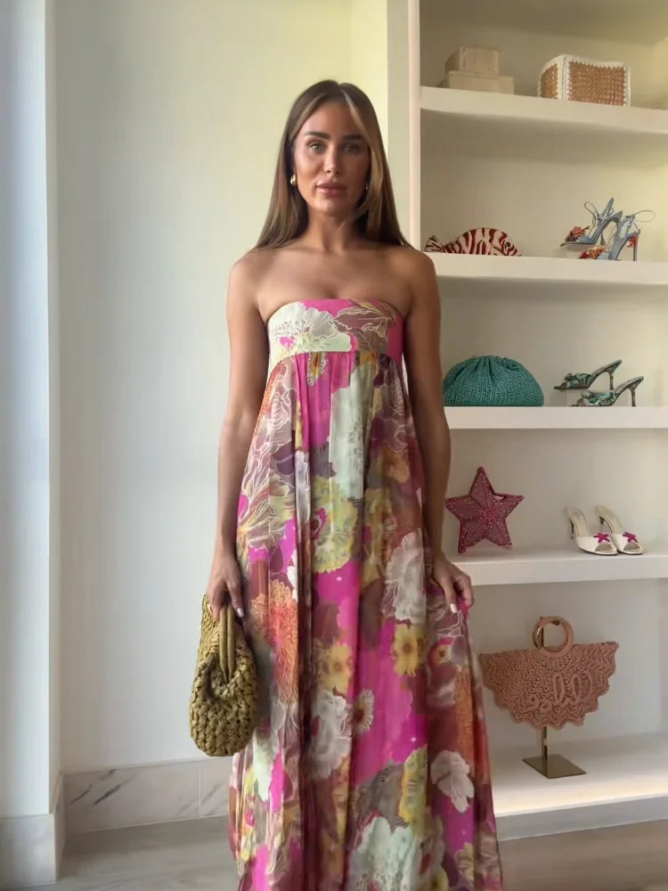 Bassonmy Retro Print Strapless Maxi Dress – Off Shoulder Sleeveless Summer Dress