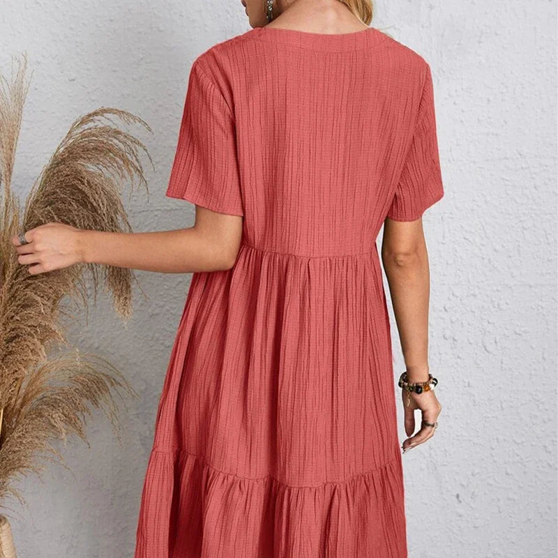 2025 Loose V-neck Pleated Bohemian Dress – Summer A-line Beach Dress for Women