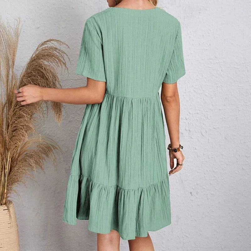 2025 Loose V-neck Pleated Bohemian Dress – Summer A-line Beach Dress for Women