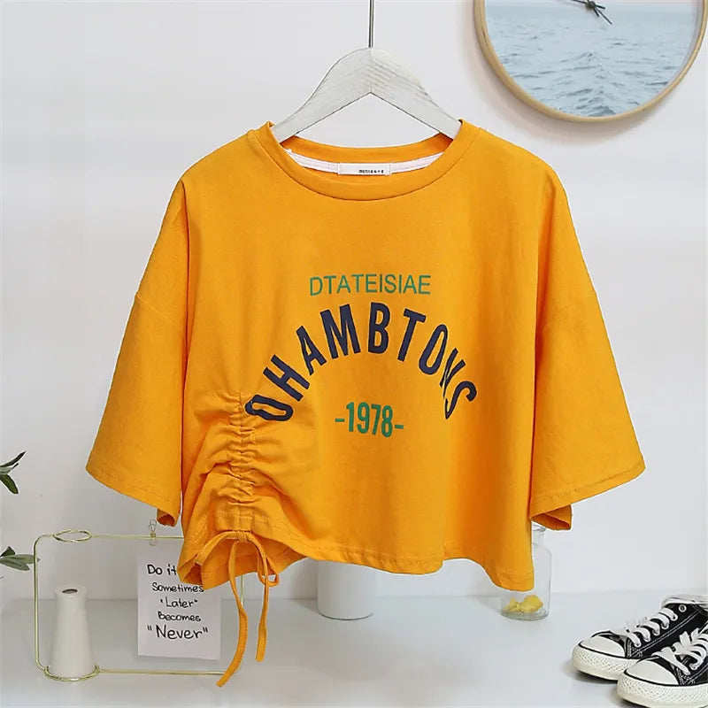 Fashionable Printed Drawstring Short Sleeve Crop Top – Women's Casual Summer T-Shirt
