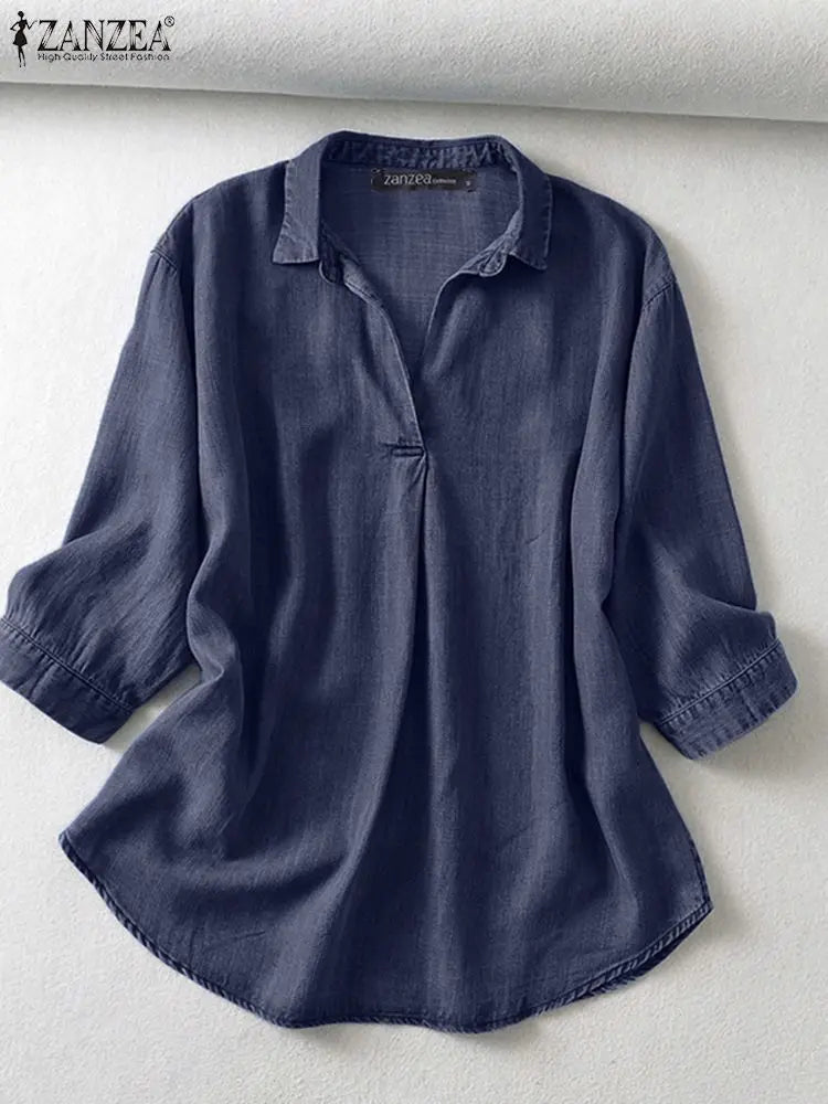 ZANZEA Women’s 3/4 Sleeve Denim Blouse – Casual Summer Button Shirt
