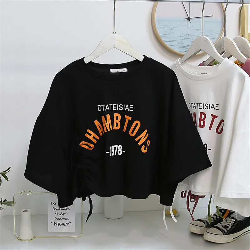 Fashionable Printed Drawstring Short Sleeve Crop Top – Women's Casual Summer T-Shirt
